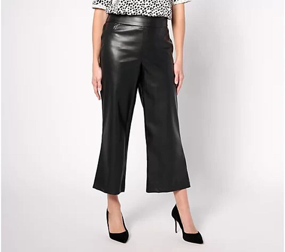 LOGO Lori Goldstein Womens 2P Black Faux Leather Crop Pants Pull On NWT